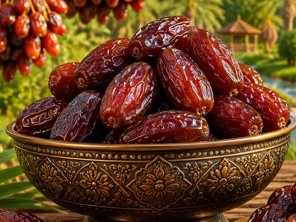 Soft Ajwa dates piled in an engraved brass bowl