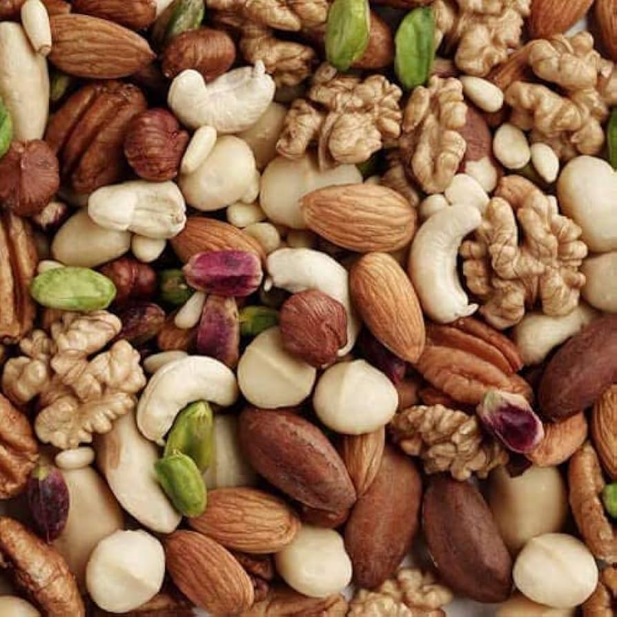 Close-up of mixed almonds, cashews and walnuts
