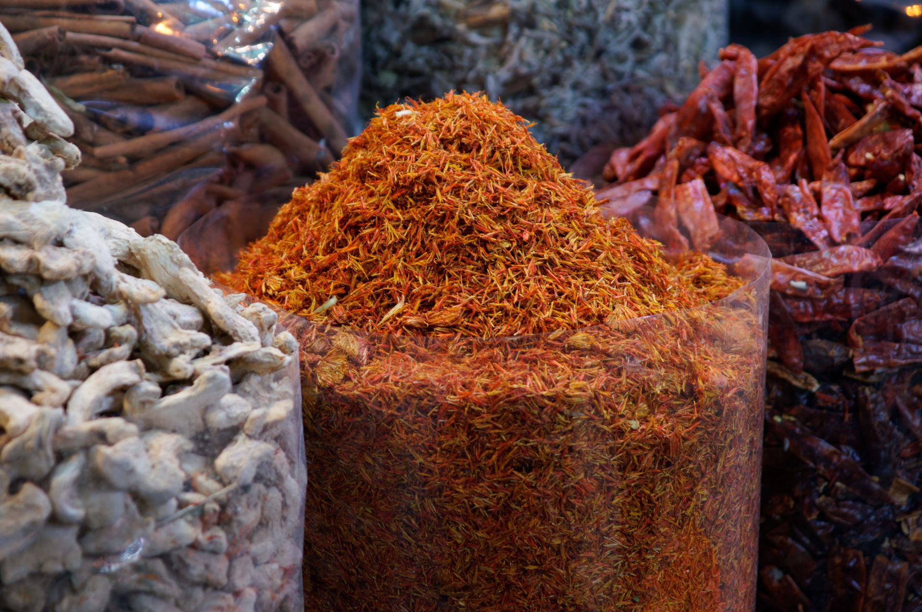 Loose saffron and ground spices at a Kashmir spice market