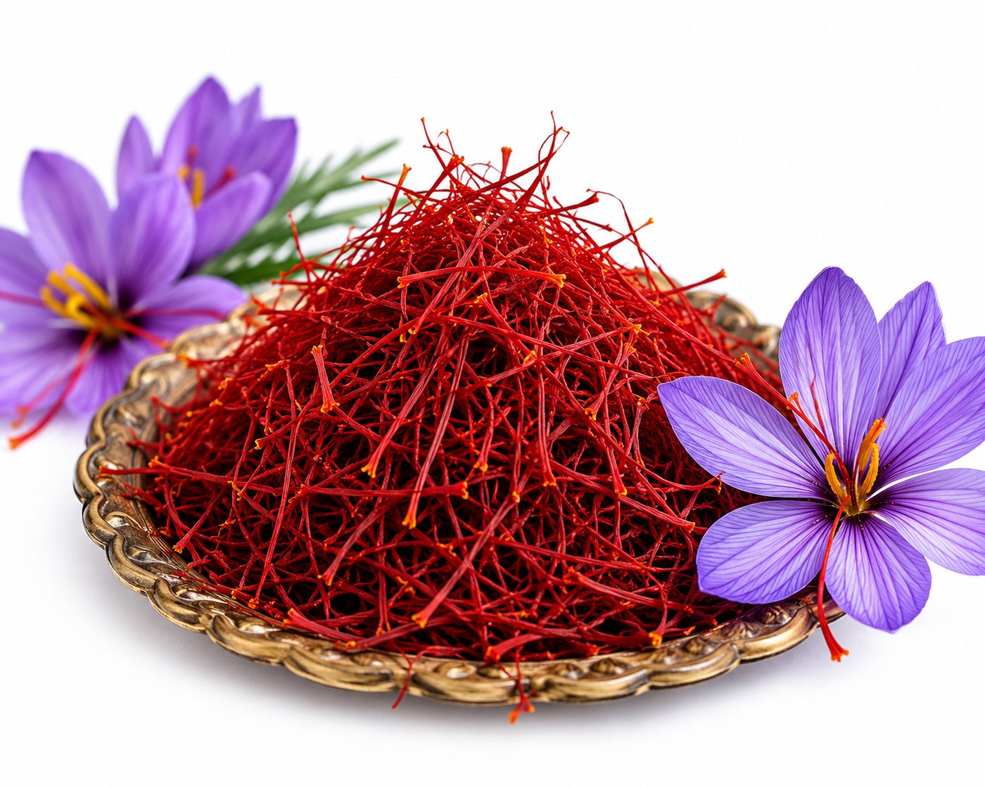 Close-up of Grade A1 Mongra saffron stigmas from Pampore